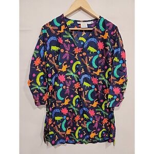 Gretchen Scott Tunic Coverup Dress Womens M Blue Bug Print 100% Cotton‎ V-Neck